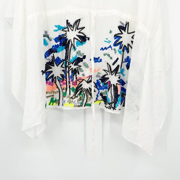 AMEN Womens Cotton Silk Sequin Artsy Floral Tropical Swim Coverup Top Size 42 M - Picture 2 of 9